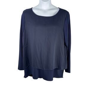 Paula Deen Blouse Womens Plus 2X Navy Chiffon Overlay Split Back Tunic Top